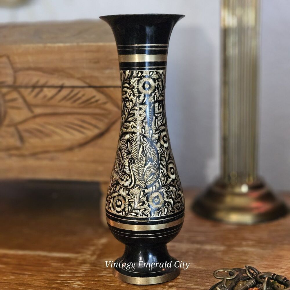 Vtg Black Gold Etched Brass Vase Peacock Floral Metalwork 9.5"  Handmade India
